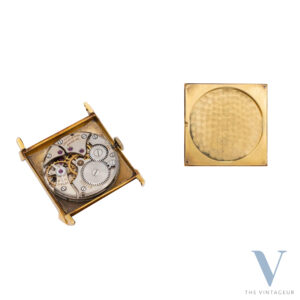 UNIVERSAL GENEVE "TRITON" REF. 10912, BLUE ENAMEL DIAL WITH EMBOSSED GOLD MINIATURE OF TRITON, SQUARE-SHAPED 18KT YELLOW GOLD CASE, HAND-WOUND UG 264 MOVEMENT, FROM THE 1940s