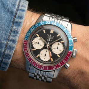 HEUER AUTAVIA GMT CHRONOGRAPH REF. 2446C "PEPSI", MARK 2 DIAL, STEEL CASE, VALJOUX 724 HAND-WOUND MOVEMENT, LATE 1960s.