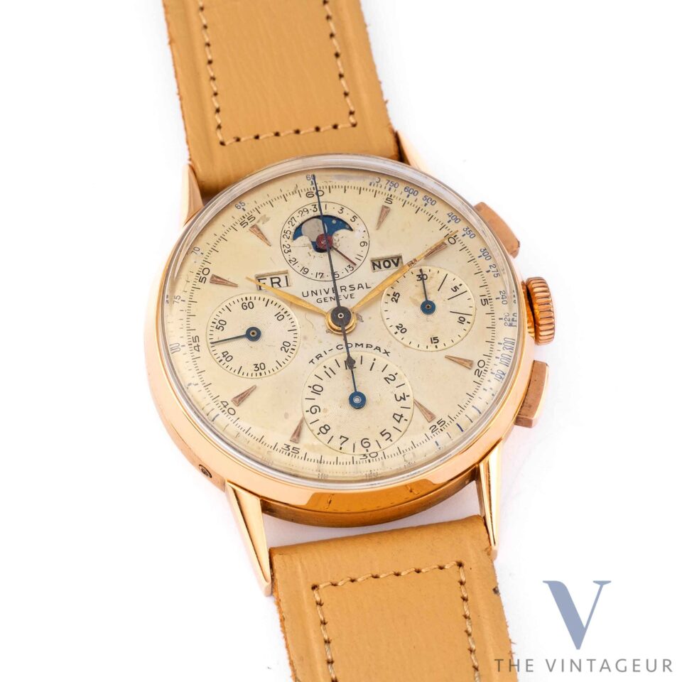 universal geneve tri compax moonphase ref 12551 oro rosa massiccio 18 carati degli anni '40