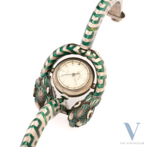 EDOX X GUCCI TIGER HEAD BRACELET WITH TILTING WATCH 925 SILVER AND GREEN ENAMEL MANUAL WINDING MOVEMENT FROM 60S