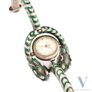 EDOX X GUCCI TIGER HEAD BRACELET WITH TILTING WATCH 925 SILVER AND GREEN ENAMEL MANUAL WINDING MOVEMENT FROM 60S