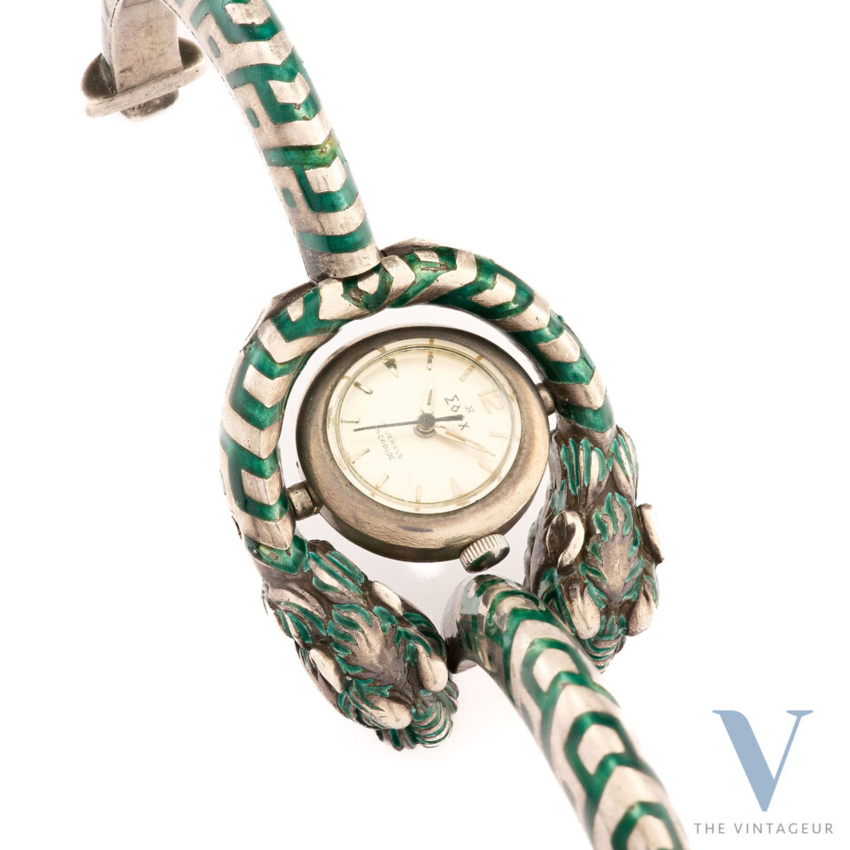 EDOX X GUCCI BRACCIALE TESTA DI TIGRE CON OROLOGIO BASCULANTE ARGENTO 925 E SMALTO VERDE MOVIMENTO A CARICA MANUALE ANNI '60