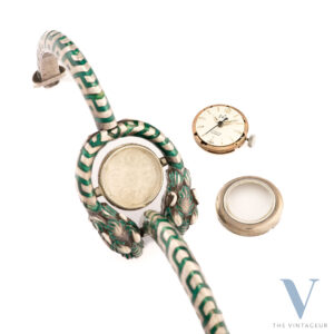 EDOX X GUCCI TIGER HEAD BRACELET WITH TILTING WATCH 925 SILVER AND GREEN ENAMEL MANUAL WINDING MOVEMENT FROM 60S