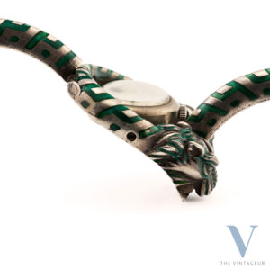 EDOX X GUCCI TIGER HEAD BRACELET WITH TILTING WATCH 925 SILVER AND GREEN ENAMEL MANUAL WINDING MOVEMENT FROM 60S
