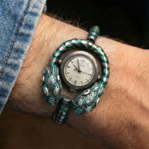 EDOX X GUCCI TIGER HEAD BRACELET WITH TILTING WATCH 925 SILVER AND GREEN ENAMEL MANUAL WINDING MOVEMENT FROM 60S