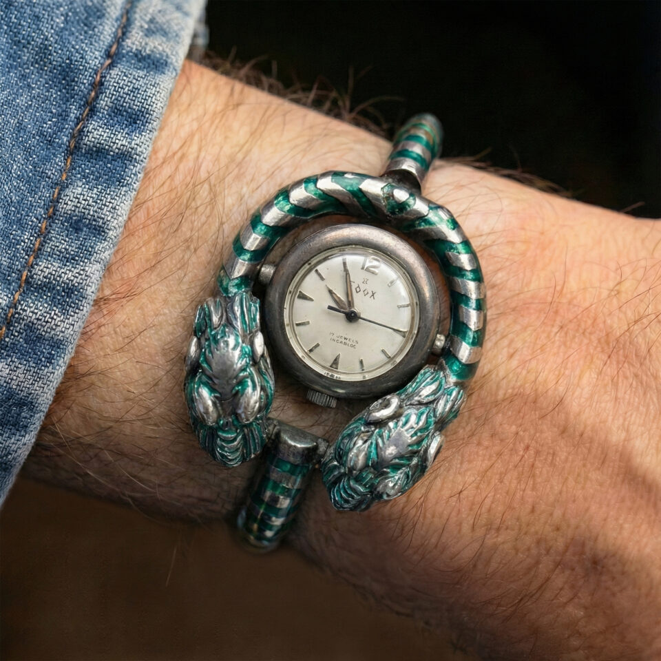 EDOX X GUCCI BRACCIALE TESTA DI TIGRE CON OROLOGIO BASCULANTE ARGENTO 925 E SMALTO VERDE MOVIMENTO A CARICA MANUALE ANNI '60