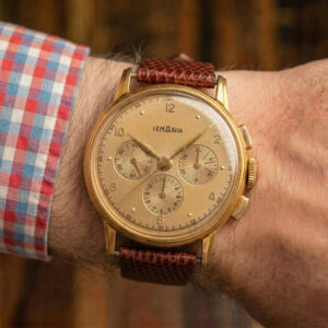 Lemania "Fancy Lugs" Chronograph, Solid 18KT Yellow Gold Case, In-House 27 CHRO C12 Manual-Winding Chronograph Movement, From 1950