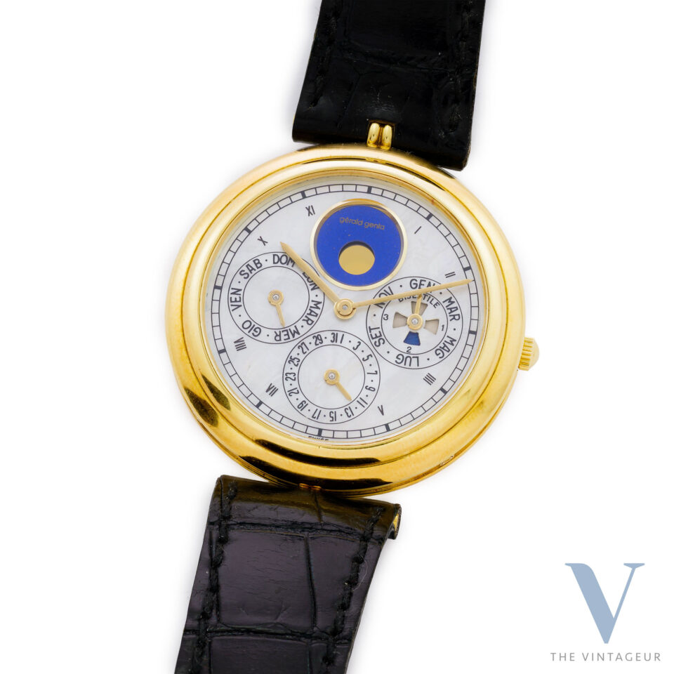 GERALD GENTA PERPETUAL LEAP CALENDAR REF. G 2132.7, LAPIS AND MOTHER-OF-PEARL DIAL, OVERSIZED 18K YELLOW GOLD CASE, FP 71 SELF-WINDING MOVEMENT, FULL SET, NOS, FROM THE 1990s.