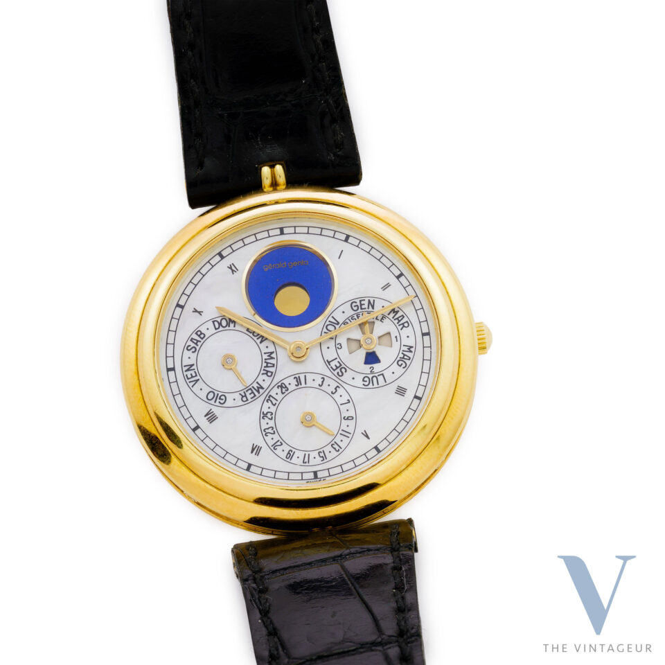 GERALD GENTA PERPETUAL LEAP CALENDAR REF. G 2132.7, LAPIS AND MOTHER-OF-PEARL DIAL, OVERSIZED 18K YELLOW GOLD CASE, FP 71 SELF-WINDING MOVEMENT, FULL SET, NOS, FROM THE 1990s.