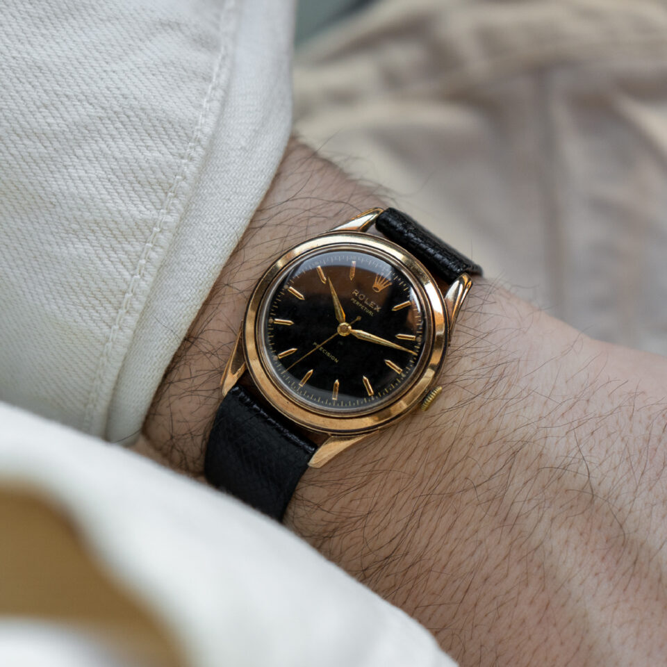 Rolex Precision 9K Yellow Gold Case by Shackman & Sons In-House Automatic Movement A260 From the 1950s