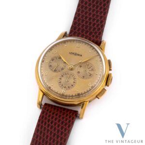 Lemania "Fancy Lugs" Chronograph, Solid 18KT Yellow Gold Case, In-House 27 CHRO C12 Manual-Winding Chronograph Movement, From 1950