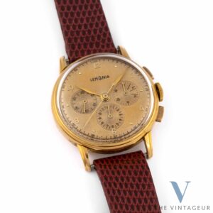 Lemania "Fancy Lugs" Chronograph, Solid 18KT Yellow Gold Case, In-House 27 CHRO C12 Manual-Winding Chronograph Movement, From 1950