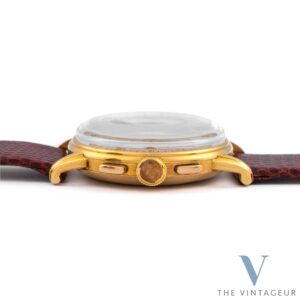 Lemania "Fancy Lugs" Chronograph, Solid 18KT Yellow Gold Case, In-House 27 CHRO C12 Manual-Winding Chronograph Movement, From 1950