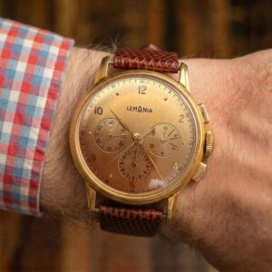 Lemania "Fancy Lugs" Chronograph, Solid 18KT Yellow Gold Case, In-House 27 CHRO C12 Manual-Winding Chronograph Movement, From 1950