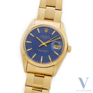 ROLEX OYSTER PERPETUAL DATE REF. 1503 “RADIAL” DIAL, FULL 14KT YELLOW GOLD CASE AND OYSTER BRACELET, IN-HOUSE SELF-WINDING MOVEMENT CAL. 1570, FROM 1970