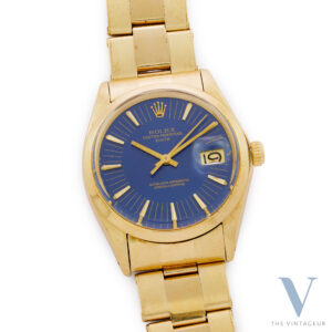 ROLEX OYSTER PERPETUAL DATE REF. 1503 “RADIAL” DIAL, FULL 14KT YELLOW GOLD CASE AND OYSTER BRACELET, IN-HOUSE SELF-WINDING MOVEMENT CAL. 1570, FROM 1970