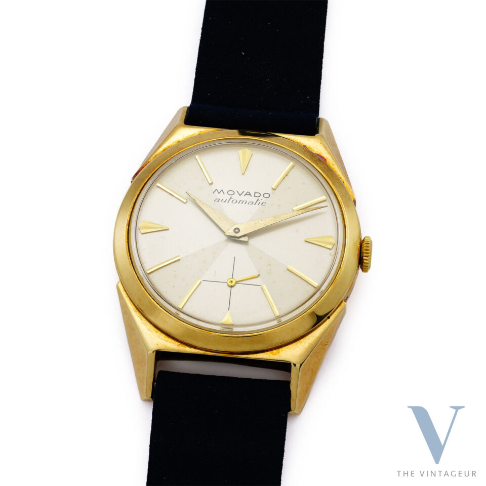 MOVADO "FUTURAMIC" REF. 48468, RADIAL DIAL, 14KT YELLOW GOLD CASE BY FAVRE & PERRET, IN-HOUSE AUTOMATIC MOVEMENT N. 115, FROM THE 1950s