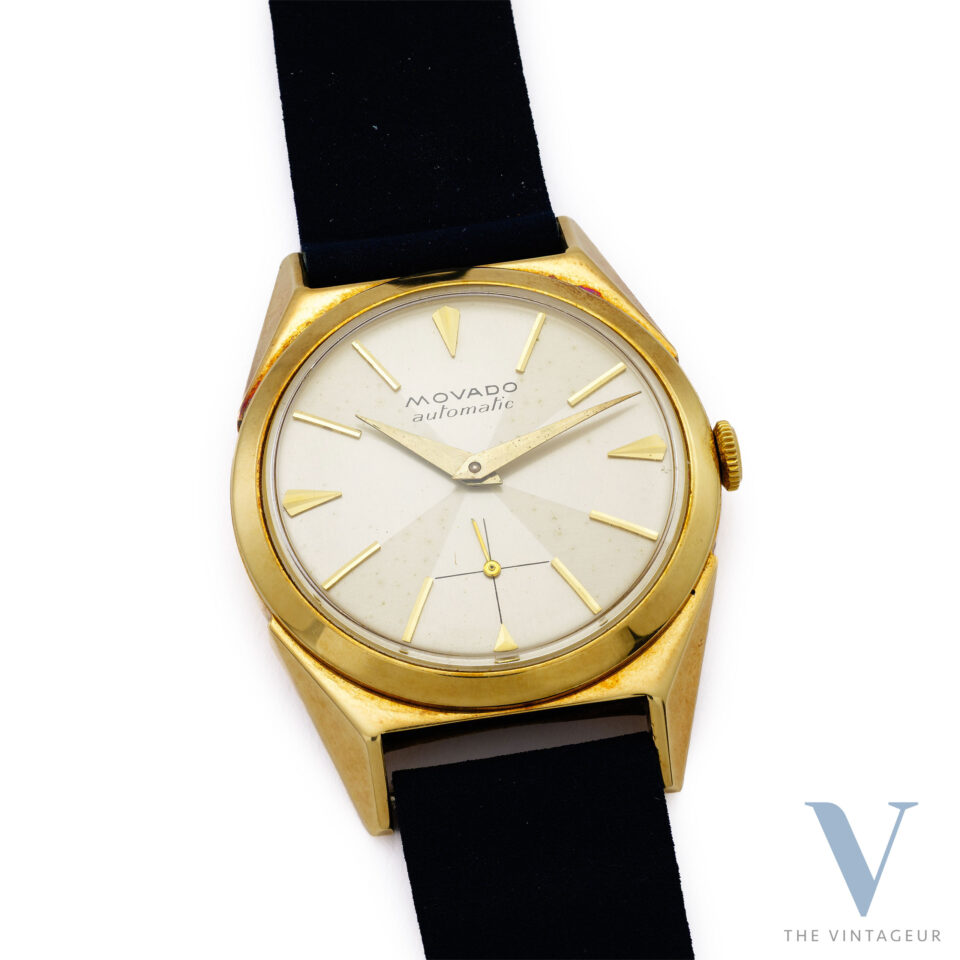 MOVADO "FUTURAMIC" REF. 48468, RADIAL DIAL, 14KT YELLOW GOLD CASE BY FAVRE & PERRET, IN-HOUSE AUTOMATIC MOVEMENT N. 115, FROM THE 1950s
