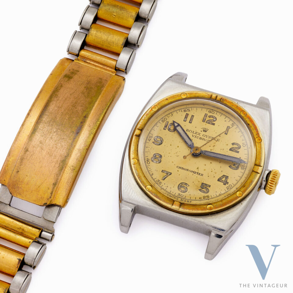 ROLEX OYSTER VICEROY CHRONOMETER REF. 3359, RADIO DIAL, STEEL CASE, 18KT YELLOW GOLD BEZEL, ROLEX 710 HAND-WOUND MOVEMENT, FROM THE EARLY 1940s