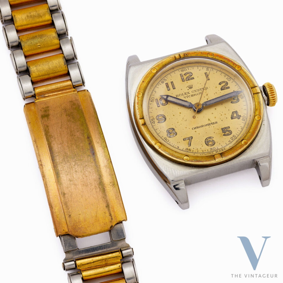 ROLEX OYSTER VICEROY CHRONOMETER REF. 3359, RADIO DIAL, STEEL CASE, 18KT YELLOW GOLD BEZEL, ROLEX 710 HAND-WOUND MOVEMENT, FROM THE EARLY 1940s