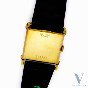 UNIVERSAL GENEVE "TRITON" REF. 10912, BLUE ENAMEL DIAL WITH EMBOSSED GOLD MINIATURE OF TRITON, SQUARE-SHAPED 18KT YELLOW GOLD CASE, HAND-WOUND UG 264 MOVEMENT, FROM THE 1940s
