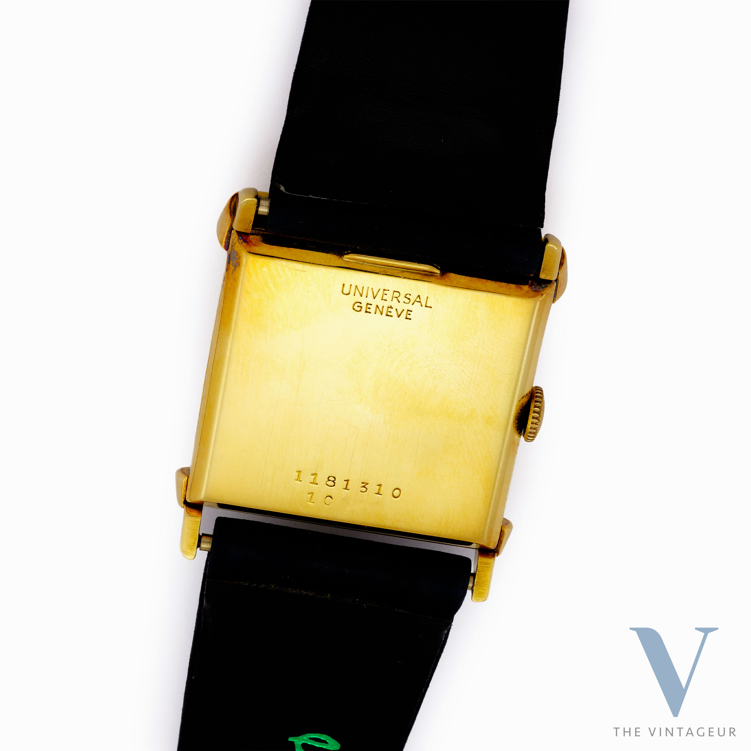 UNIVERSAL GENEVE "TRITON" REF. 10912, BLUE ENAMEL DIAL WITH EMBOSSED GOLD MINIATURE OF TRITON, SQUARE-SHAPED 18KT YELLOW GOLD CASE, HAND-WOUND UG 264 MOVEMENT, FROM THE 1940s UNIVERSAL GENEVE "TRITON" REF. 10912, BLUE ENAMEL DIAL WITH EMBOSSED GOLD MINIATURE OF TRITON, SQUARE-SHAPED 18KT YELLOW GOLD CASE, HAND-WOUND UG 264 MOVEMENT, FROM THE 1940s