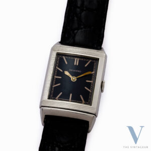 JAEGER LECOULTRE REVERSO, EMBOSSED BLACK DIAL, HAND-WOUND LISICA-TAVANNES 064 MOVEMENT, FROM THE EARLY 1930s.