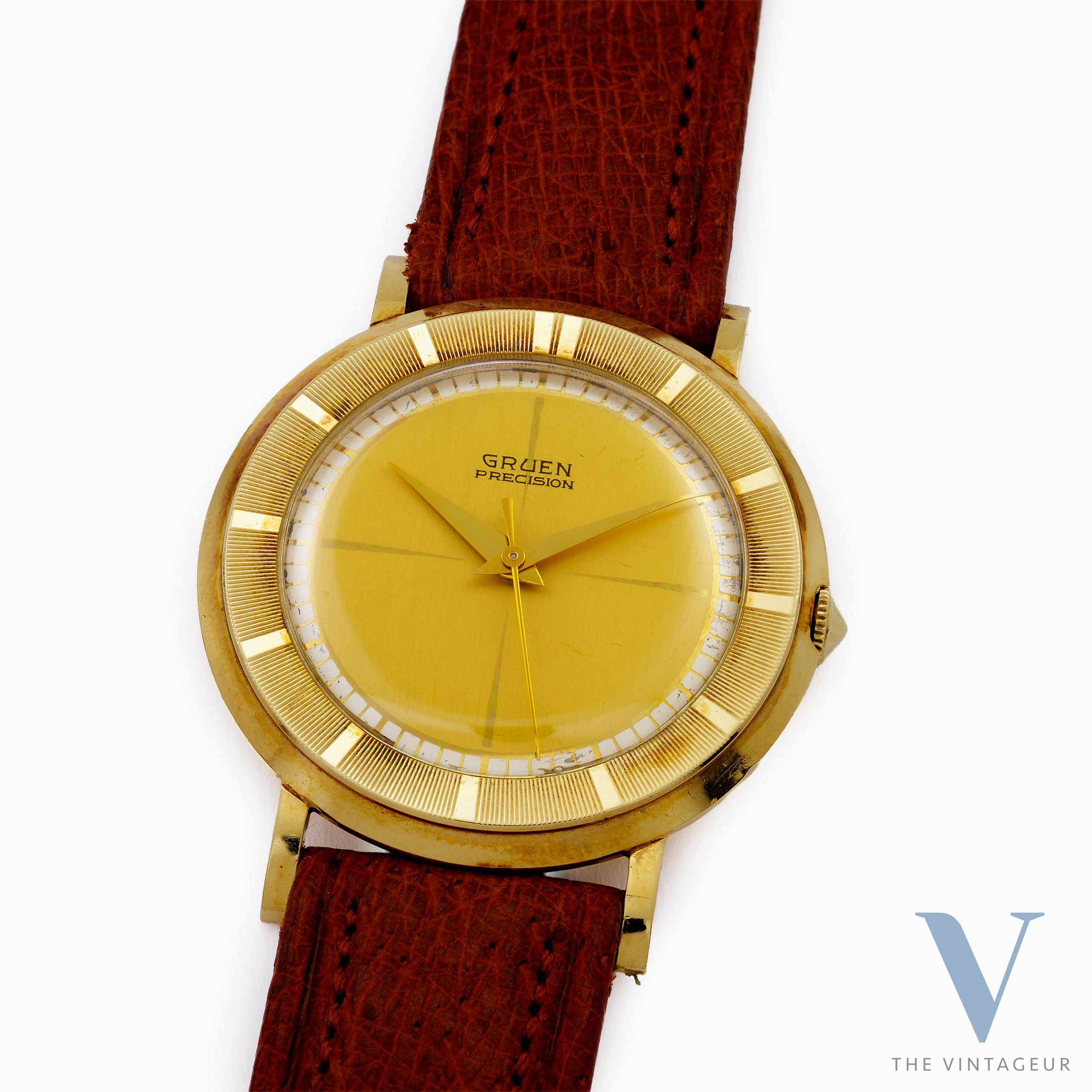 GRUEN PRECISION, SECTOR-CROSS DIAL, ULTRA-THIN 14KT YELLOW GOLD CASE, GRUEN 510 HAND-WOUND MOVEMENT, FROM THE 1950s GRUEN PRECISION, SECTOR-CROSS DIAL, ULTRA-THIN 14KT YELLOW GOLD CASE, GRUEN 510 HAND-WOUND MOVEMENT, FROM THE 1950s