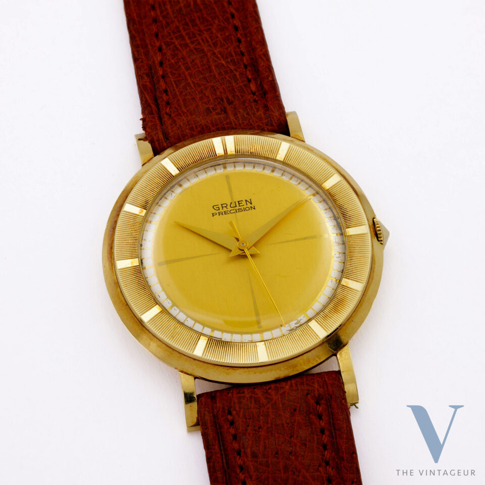 GRUEN PRECISION, SECTOR-CROSS DIAL, ULTRA-THIN 14KT YELLOW GOLD CASE, GRUEN 510 HAND-WOUND MOVEMENT, FROM THE 1950s