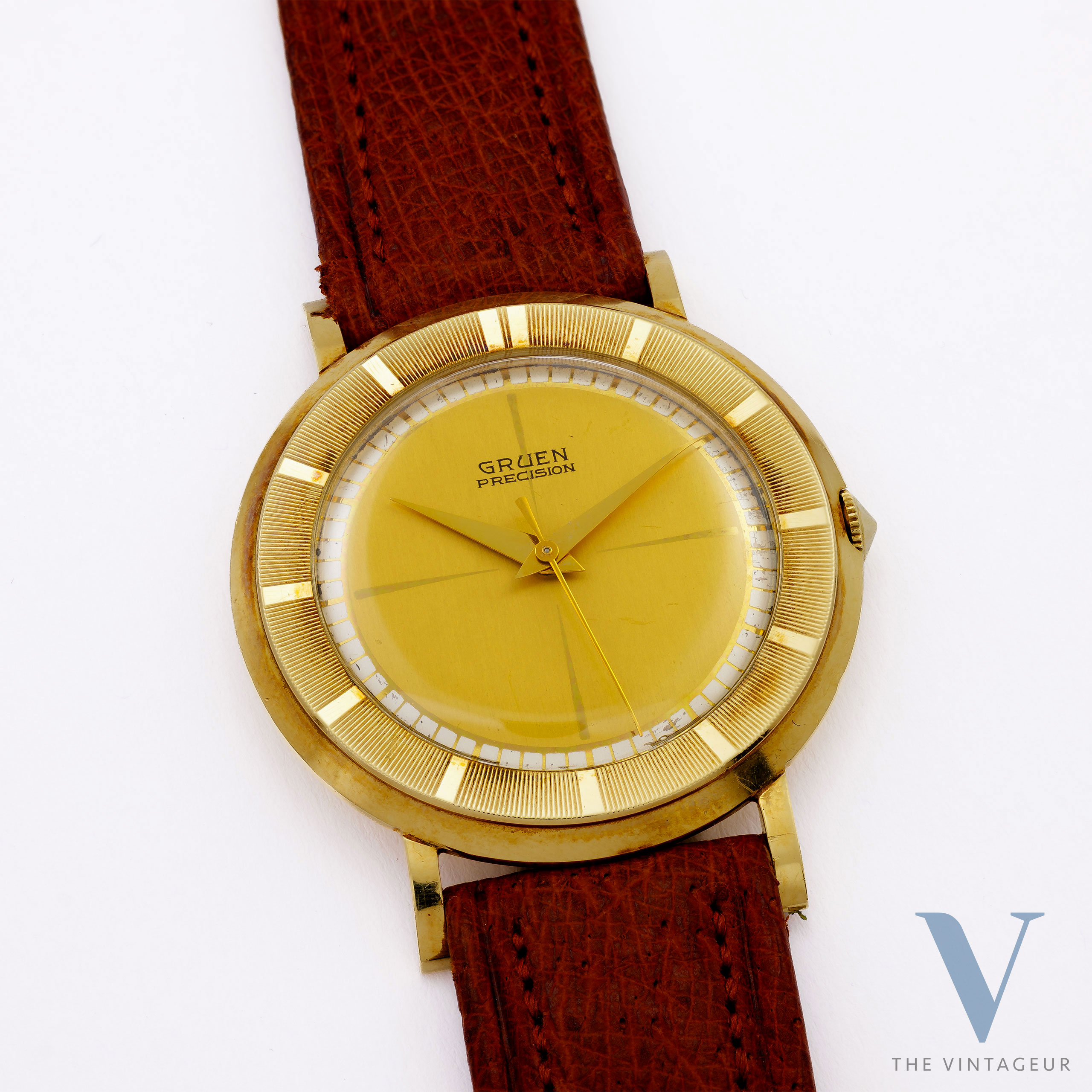 GRUEN PRECISION, SECTOR-CROSS DIAL, ULTRA-THIN 14KT YELLOW GOLD CASE, GRUEN 510 HAND-WOUND MOVEMENT, FROM THE 1950s GRUEN PRECISION, SECTOR-CROSS DIAL, ULTRA-THIN 14KT YELLOW GOLD CASE, GRUEN 510 HAND-WOUND MOVEMENT, FROM THE 1950s